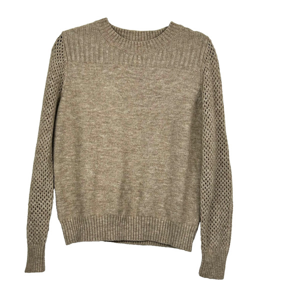 SHEIN Sweater Womens 4 Tan Pullover Crew Neck Knit Openwork Sleeve Acrylic - Picture 1 of 9